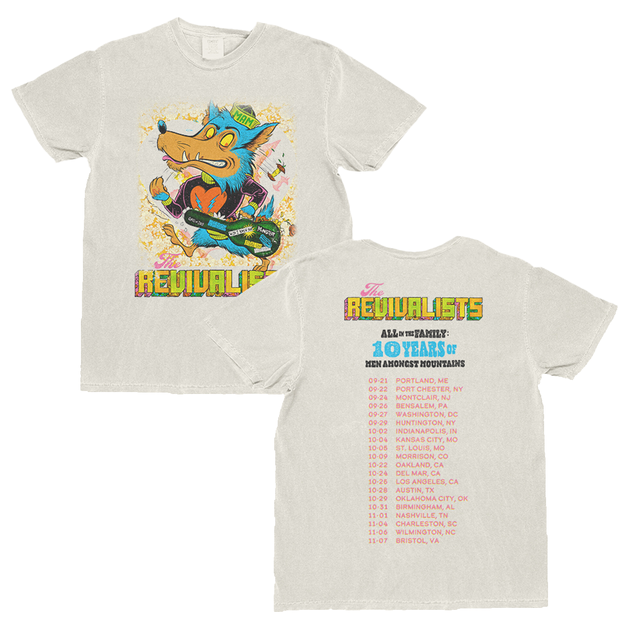 White t-shirt with colorful graphic and text on a white background