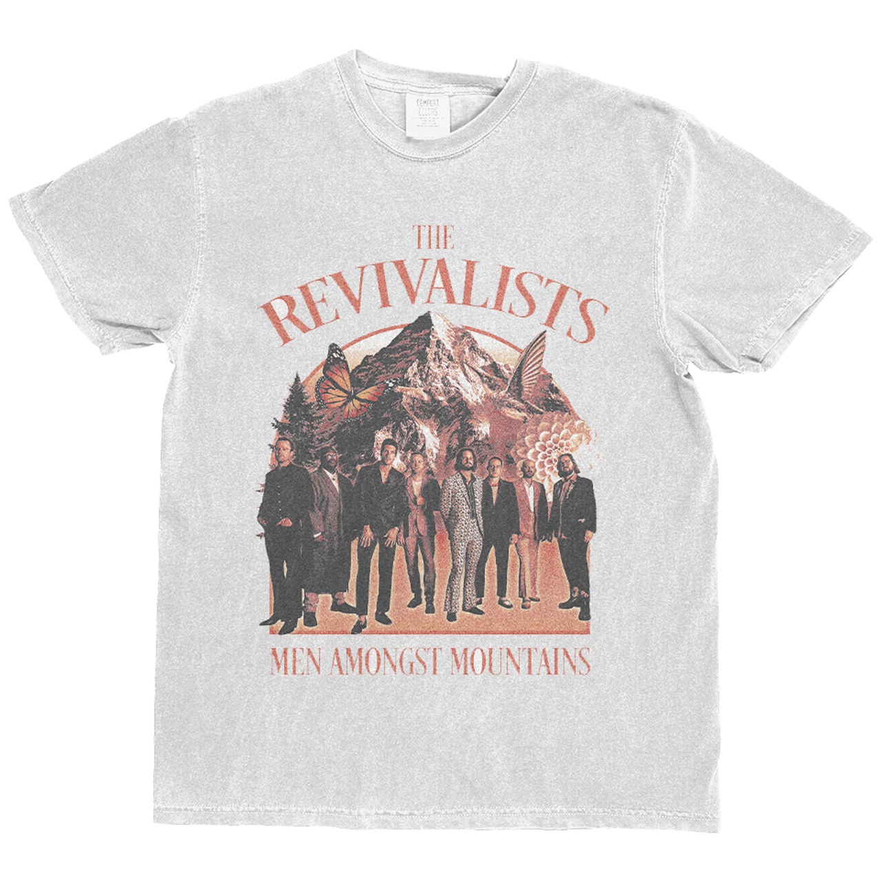 White t-shirt with band graphic.