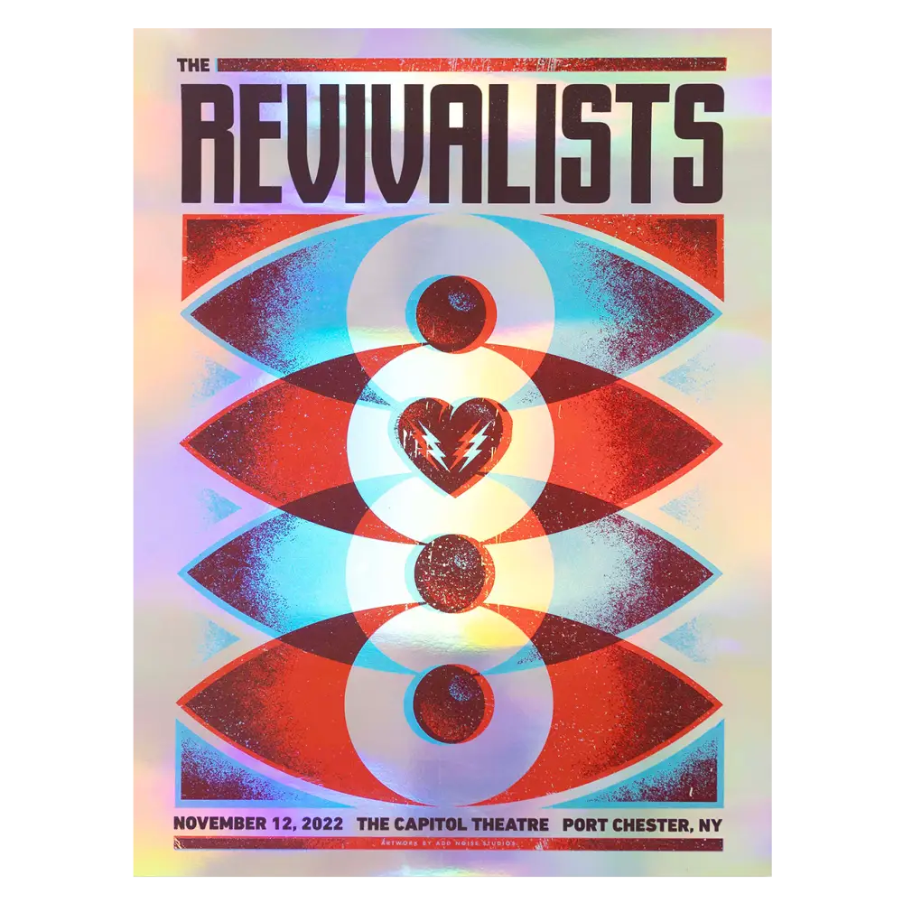 Psychedelic concert poster featuring stylized eyes and a heart symbol for The Revivalists band.