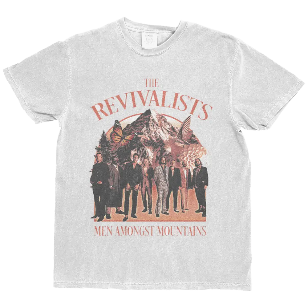 White t-shirt with band graphic.