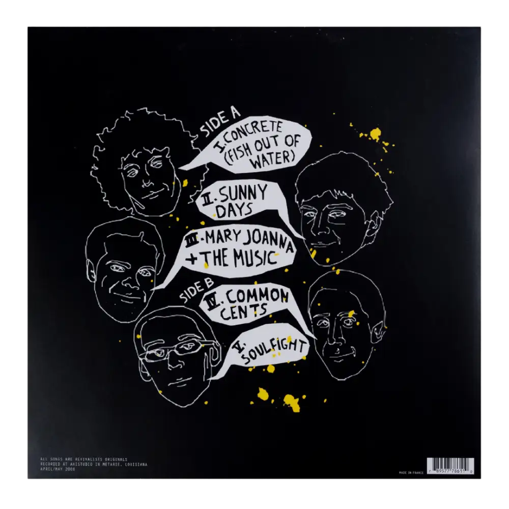 Album cover artwork featuring stylized black and white portraits with song titles in speech bubbles.