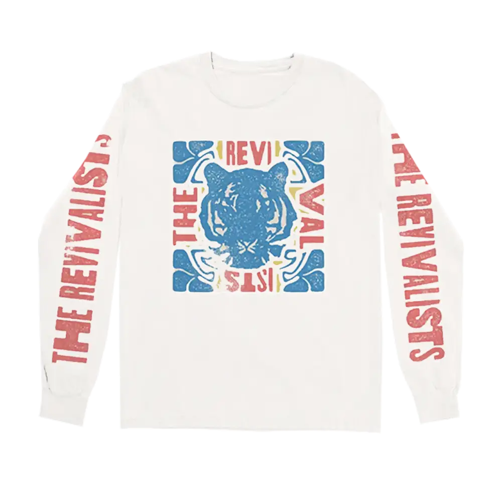 White long-sleeved tee featuring a blue tiger graphic with red and yellow text reading ’the revivalists’ across the chest and sleeves.