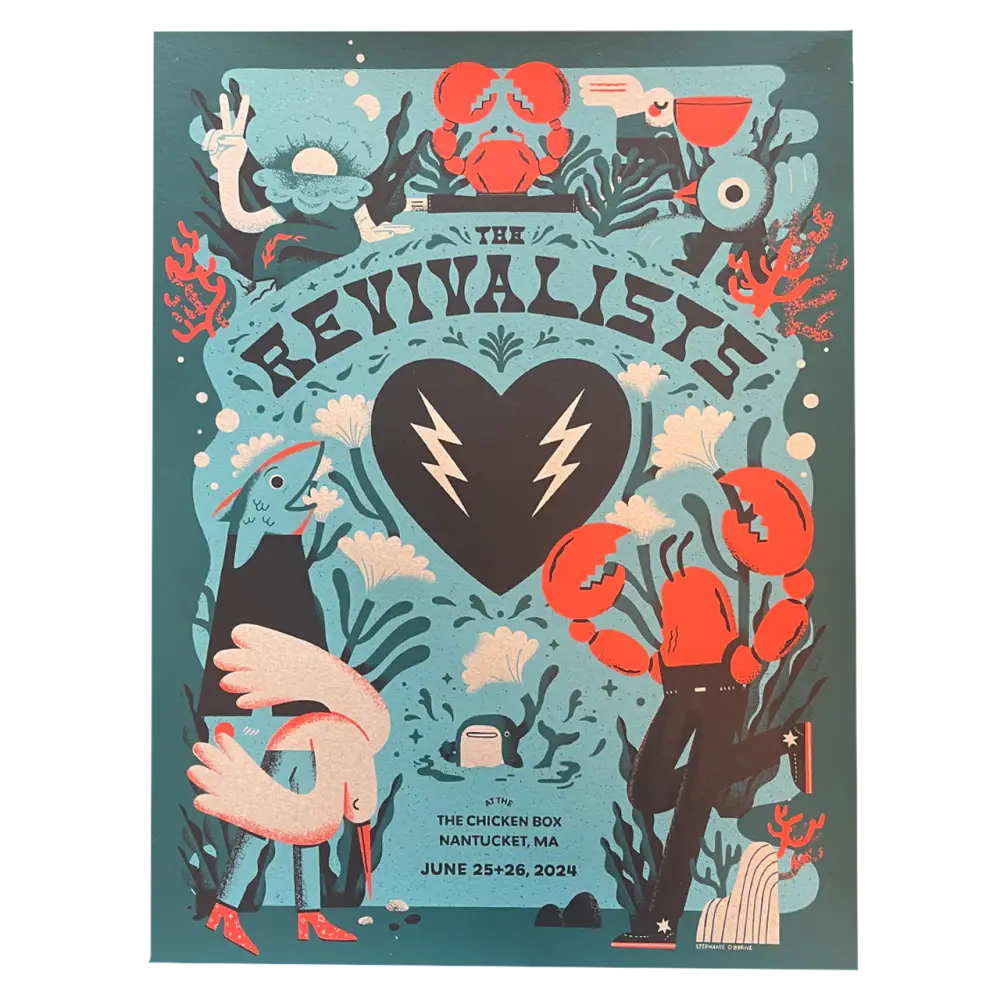 Stylized poster design featuring a dark heart with lightning bolts surrounded by various sea creatures and abstract shapes in coral and teal tones.