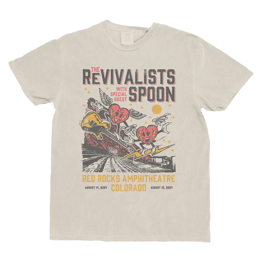 Beige t-shirt with a colorful concert graphic for ’The Revivalists’ and ’Spoon’ at Red Rocks Amphitheatre.