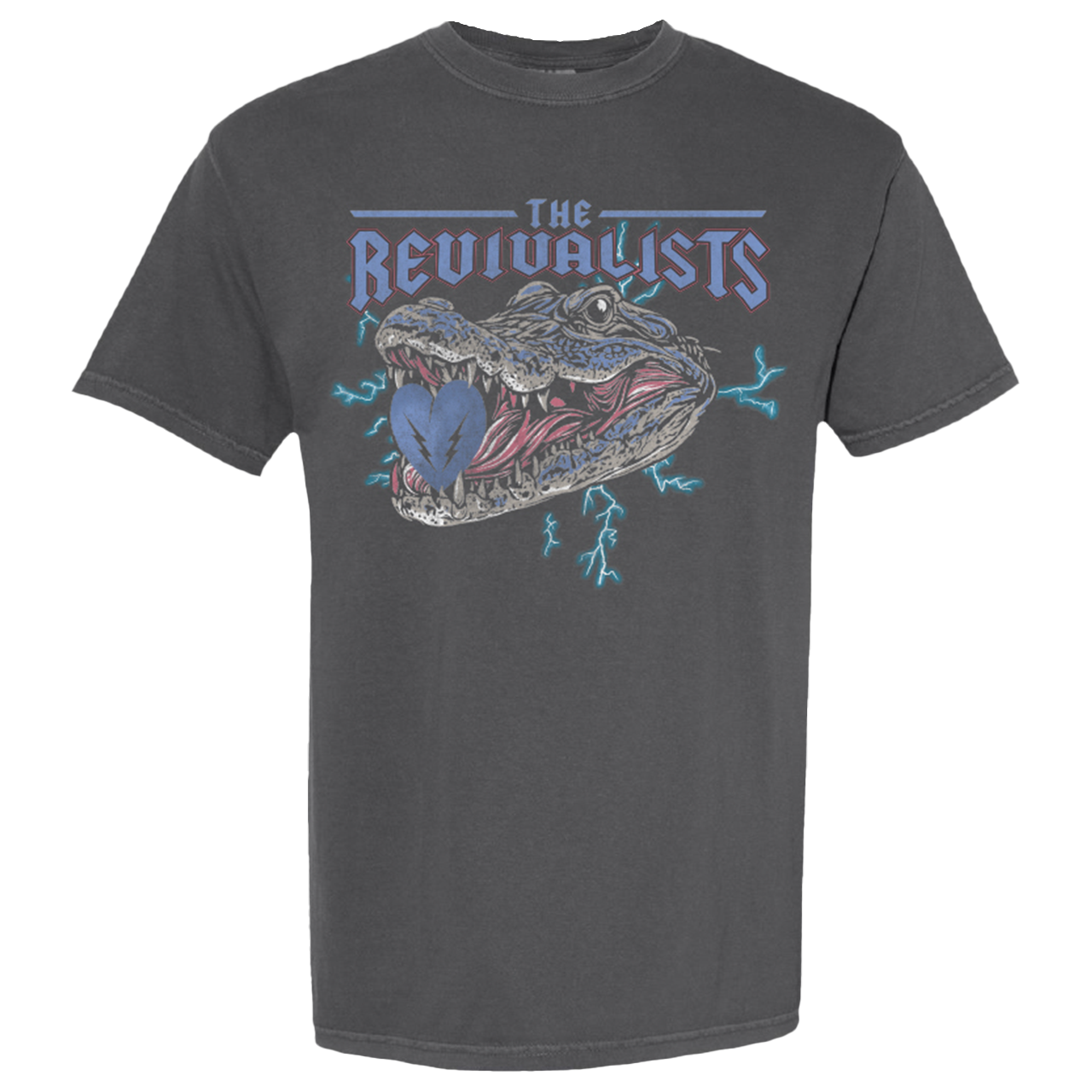 Dark gray t-shirt featuring a graphic design of an alligator’s open mouth with ’The Revivalists’ text above it.
