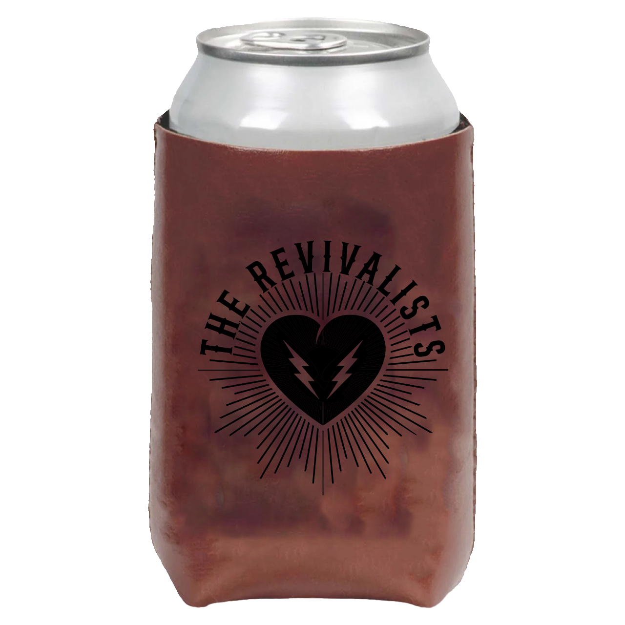 Brown can cooler with band logo.
