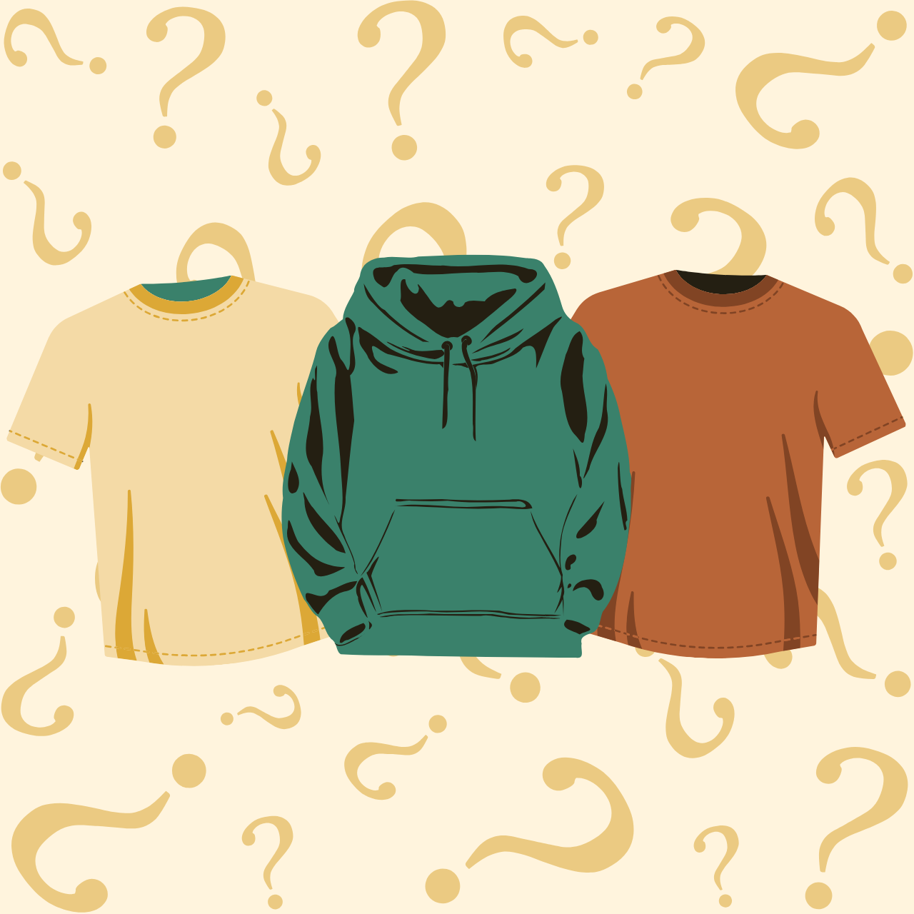 Three shirts on hangers with question marks on a beige background