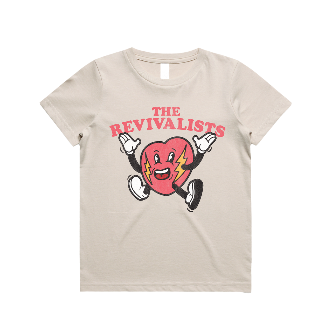 Beige t-shirt featuring a cartoon strawberry character and ’THE REVIVALISTS’ text.