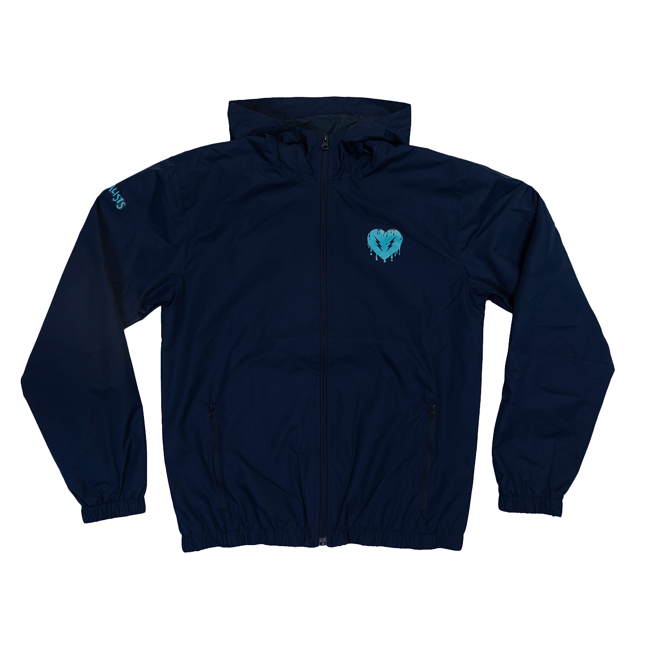 Navy blue zip-up jacket with a teal heart logo on the chest.