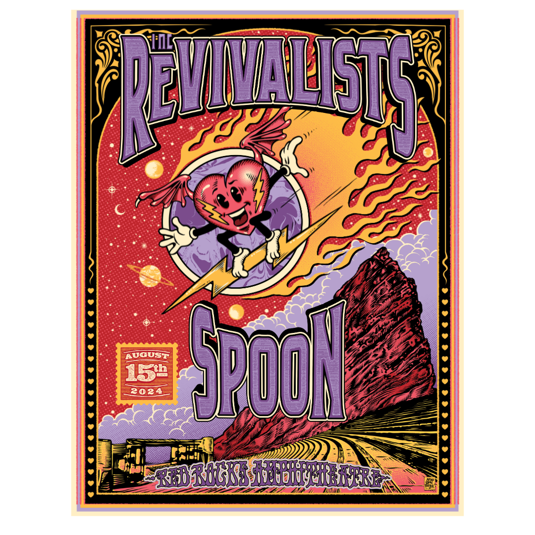 A colorful concert poster featuring a flaming pumpkin-headed figure riding a crescent moon.