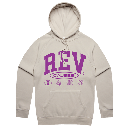 Beige hoodie sweatshirt with purple ’REV CAUSES’ text and small icons printed on the front.