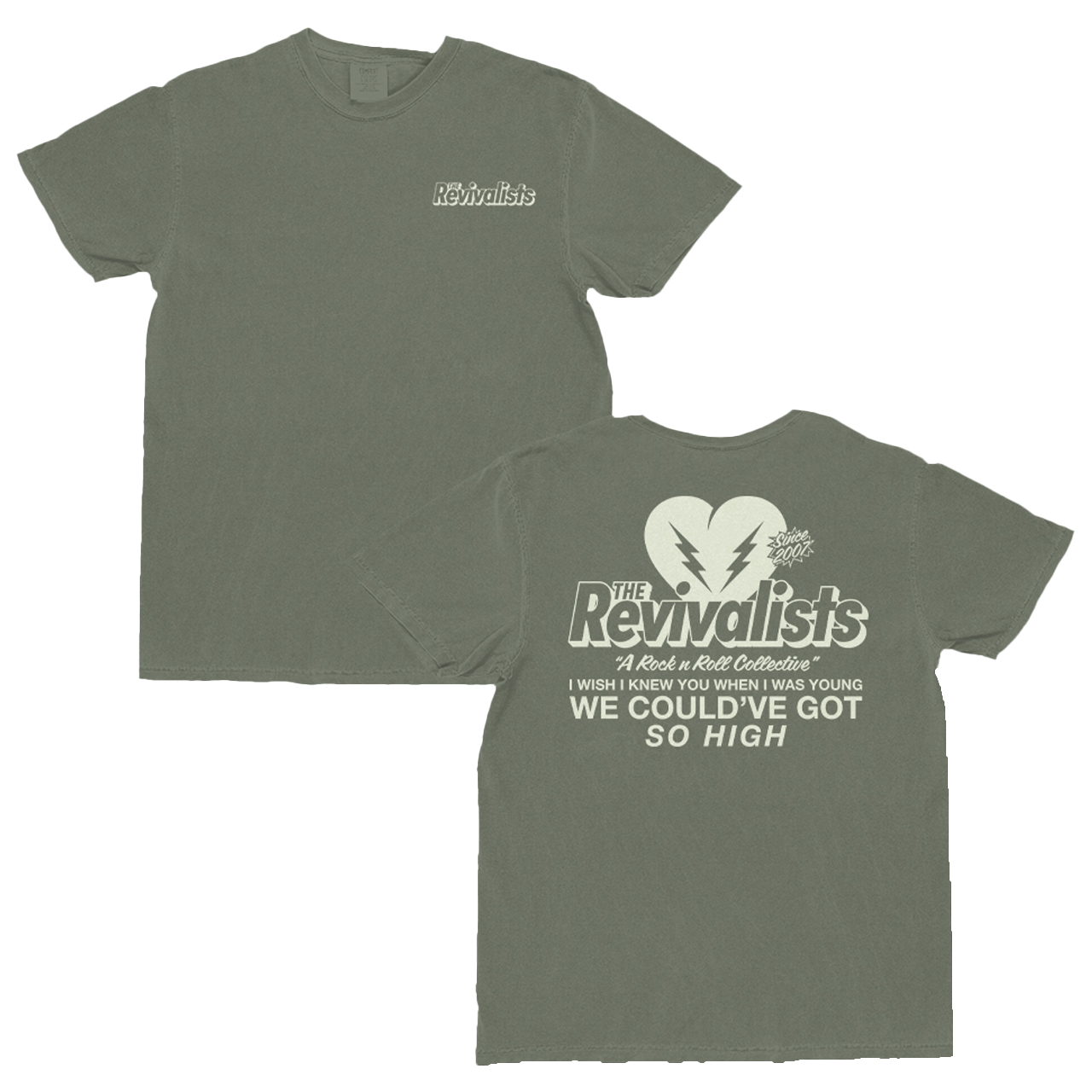 Green t-shirt with 'The Revivalists' logo and text on a white background