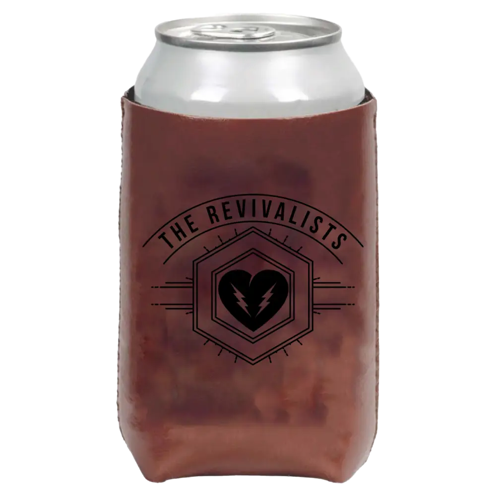 Brown textured badge leather koozie with black the revivalists logo and heart and lightning emblem revivalists official merchandise