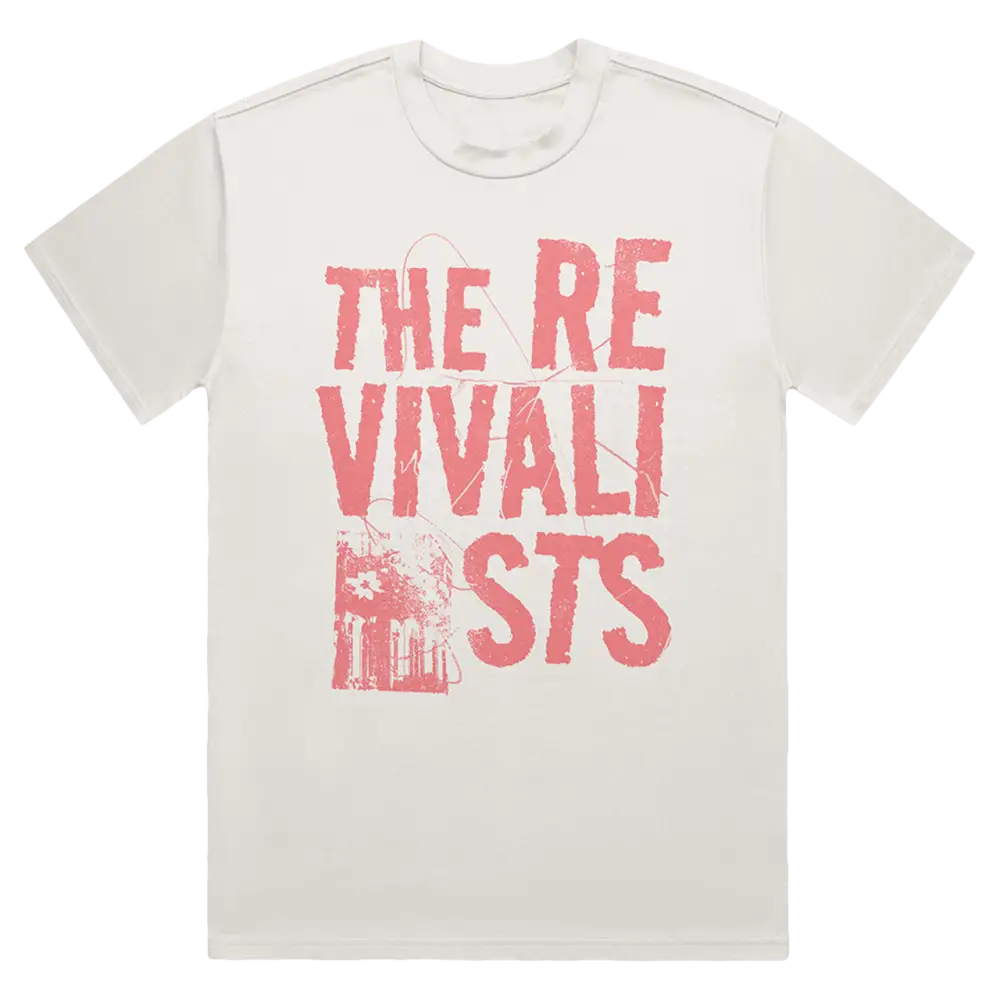 White t-shirt with pink text reading ’THE REVIVALISTS’ and a small graphic.