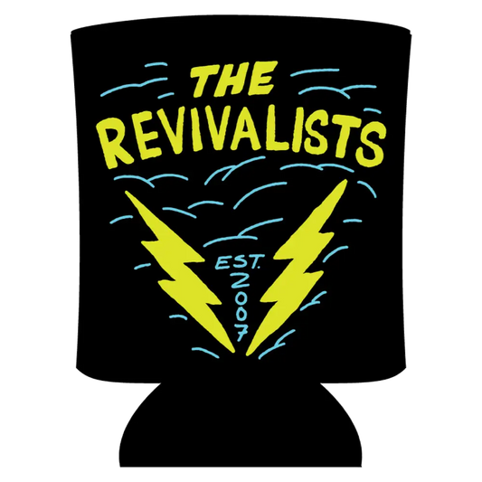 Can cooler featuring ’The Revivalists’ logo with lightning bolts and wavy lines.