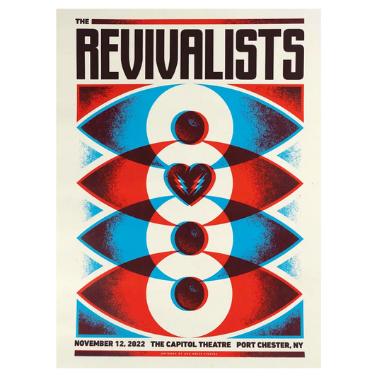 Stylized concert poster featuring overlapping eye and heart shapes in red, white, and blue.