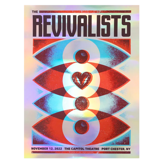 Psychedelic concert poster featuring stylized eyes and a heart symbol for The Revivalists band.