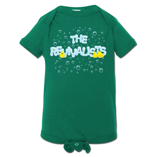 Green infant onesie with ’The Rejuvenators’ text and bubble graphics printed on the front.