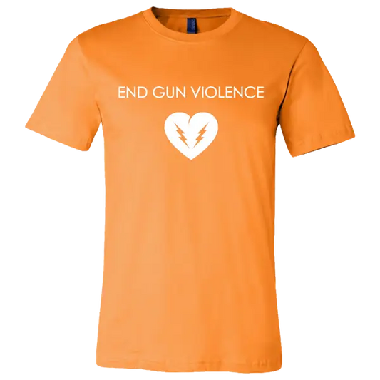 Orange t-shirt with ’END GUN VIOLENCE’ text and a heart symbol.