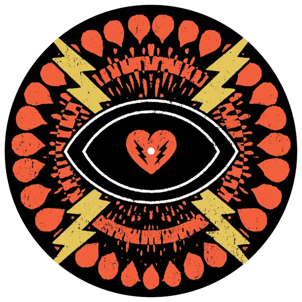 Stylized eye symbol with a heart pupil surrounded by orange petals and yellow lightning bolts.