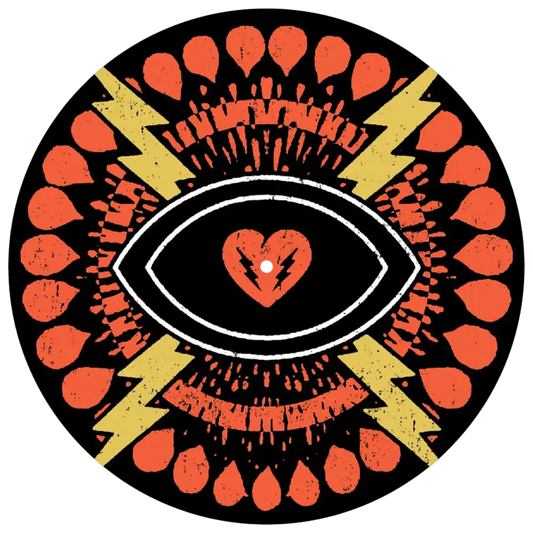 Stylized eye symbol with a heart pupil surrounded by orange petals and yellow lightning bolts.