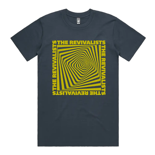 Dark gray t-shirt with yellow optical illusion design and text.