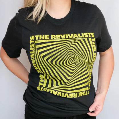 Black t-shirt with yellow optical illusion design.