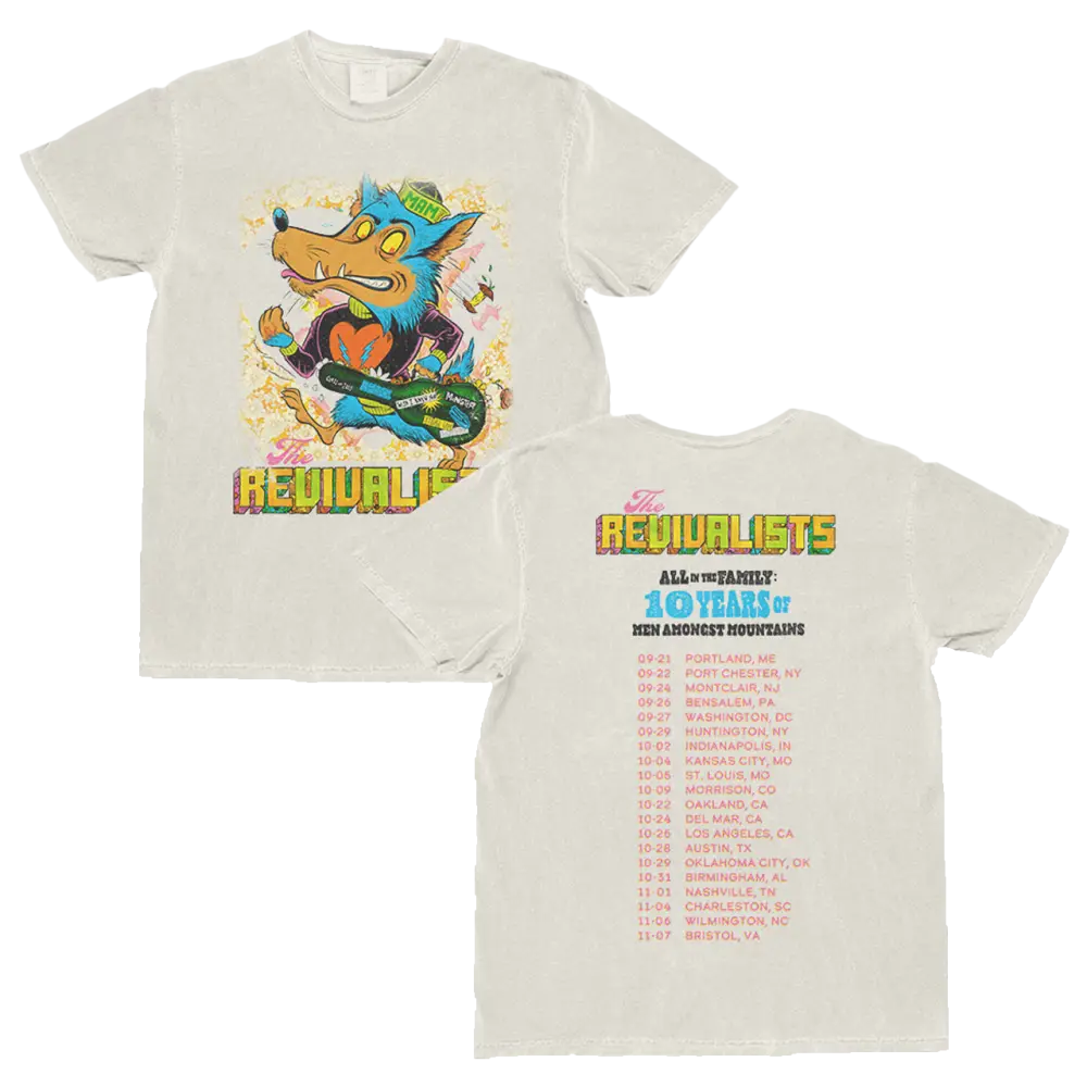 White t-shirt with colorful graphic and text on a white background