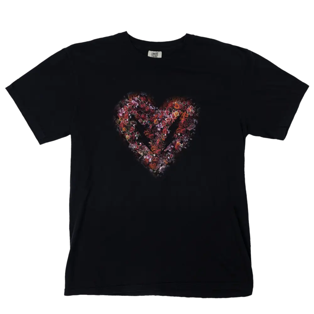 Black t-shirt with a colorful, abstract heart design on the front.