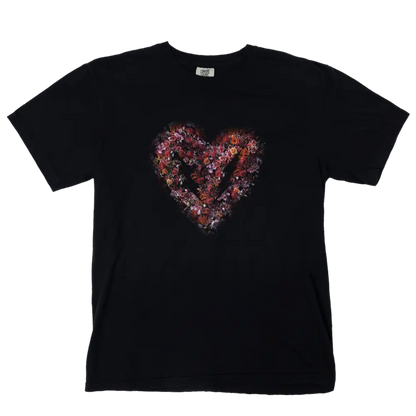 Black t-shirt with a colorful, abstract heart design on the front.