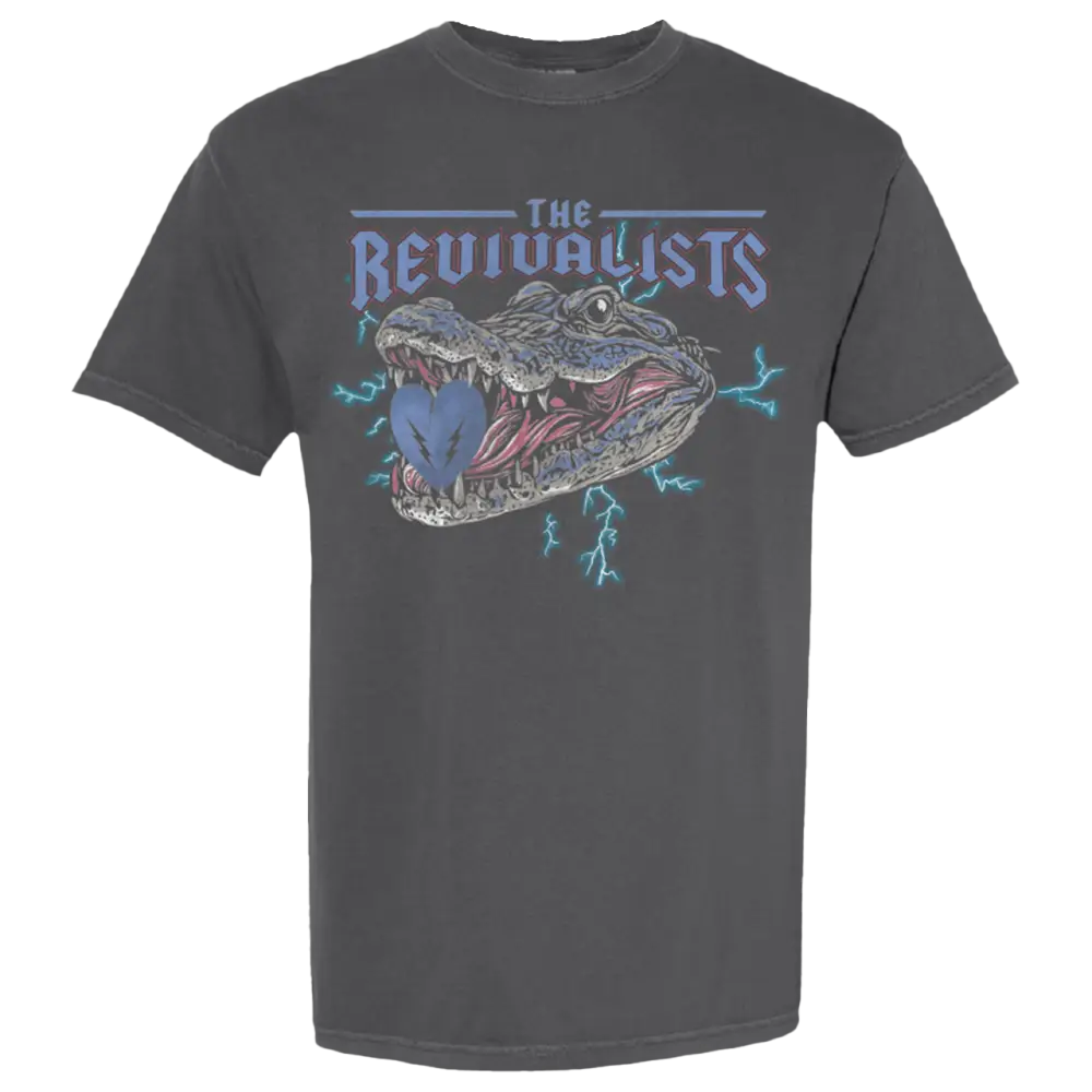 Dark gray t-shirt featuring a graphic design of an alligator’s open mouth with ’The Revivalists’ text above it.
