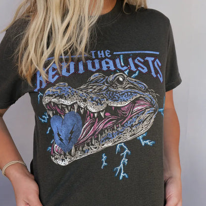 Black t-shirt with alligator graphic.
