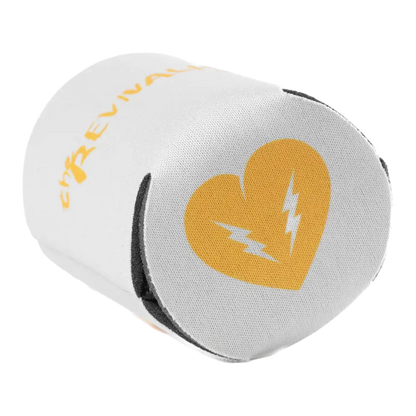 Cylindrical white object with a yellow heart and lightning bolt design.