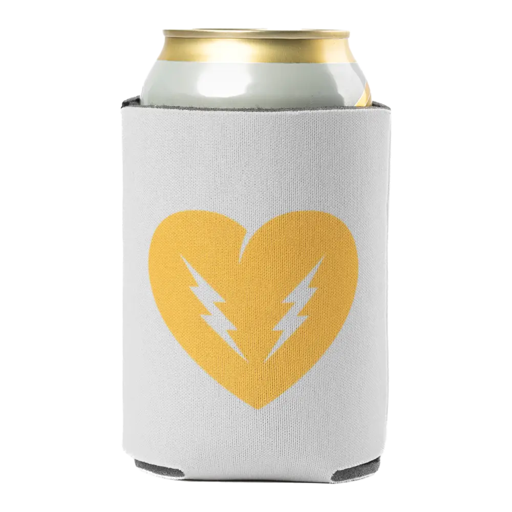 Can cooler with a yellow heart and lightning bolt design.