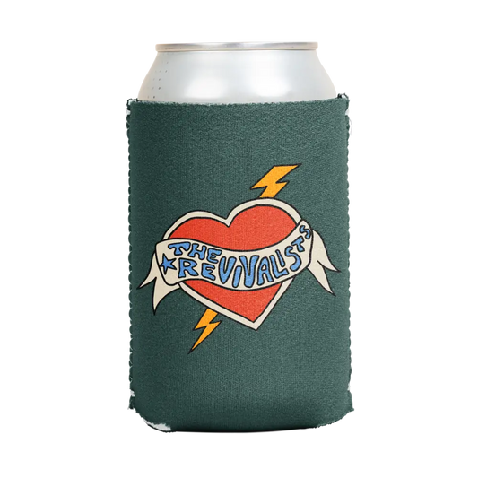 Dark green fabric banner heart koozie with red heart blue the revival’s text and yellow lightning bolts