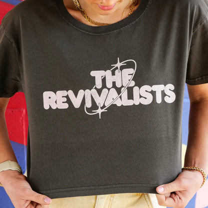 Black t-shirt with ’THE REVIVALISTS’ printed in white text.