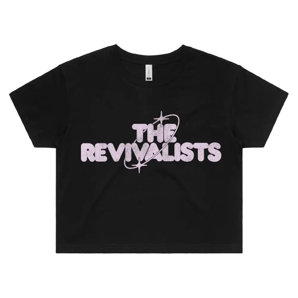 Black crop top t-shirt with ’THE REVIVALISTS’ printed in pink lettering on the front.