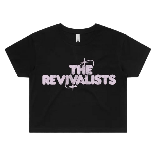 Black crop top t-shirt with ’THE REVIVALISTS’ printed in pink lettering on the front.