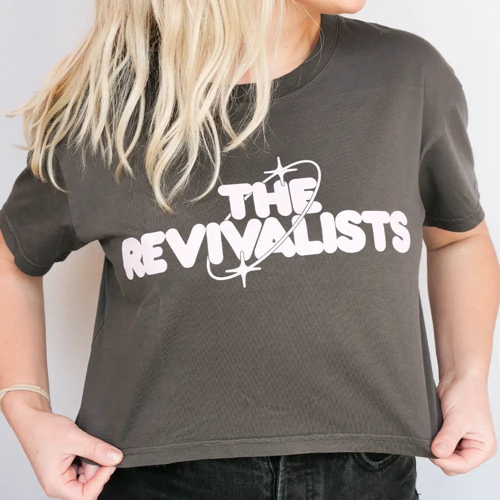 Gray t-shirt with band name.