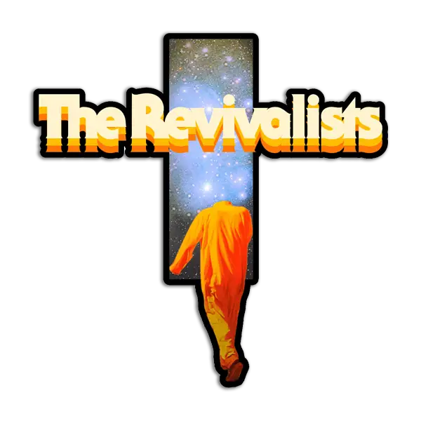 Cross-shaped logo featuring ’The Revivalists’ text and a figure in orange clothing against a starry background.