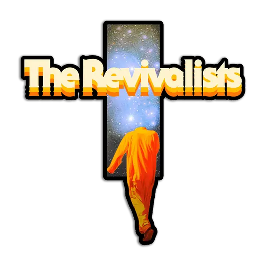 Cross-shaped logo featuring ’The Revivalists’ text and a figure in orange clothing against a starry background.