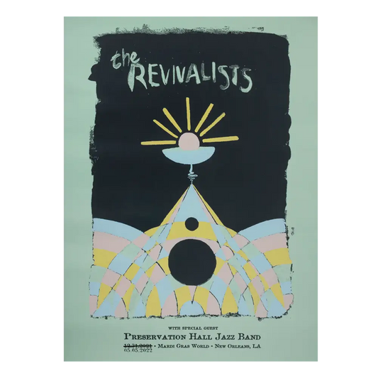 Concert poster for a band called ’The Revivalists’ featuring stylized geometric artwork of a sun and church-like structure.