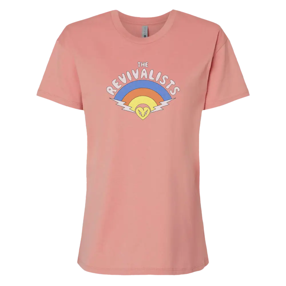 Pink t-shirt with a colorful rainbow design and ’The Revivalists’ text printed on the front.