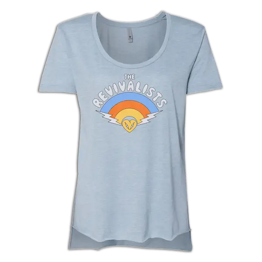 Light blue women’s t-shirt with a retro-style rainbow graphic and ’The Revivalists’ text.