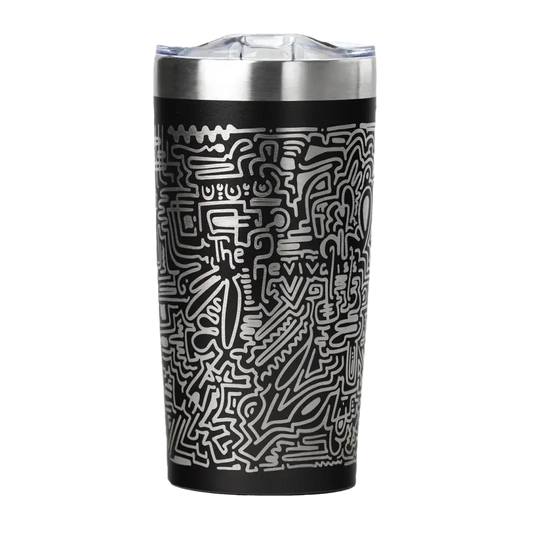 Stainless steel travel mug with intricate black and white doodle-style artwork covering its exterior.