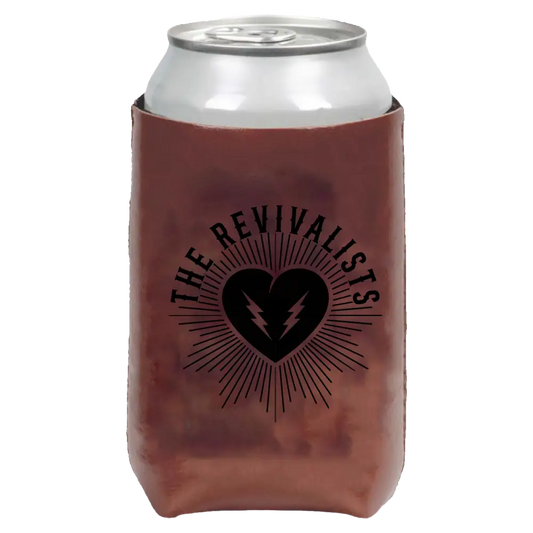 Brown can cooler with band logo.