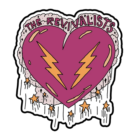 Heart-shaped logo with lightning bolts and dripping effect, featuring the text ’THE REVIVALISTS’.