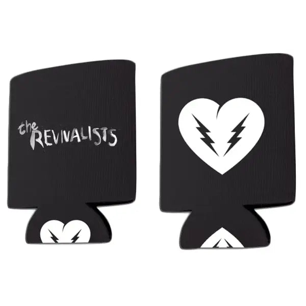 Two black foam beverage koozies with white designs, one featuring text and the other a heart with lightning bolts.