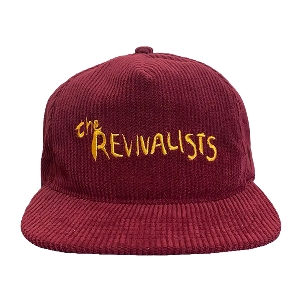 Burgundy corduroy baseball cap with ’the REVIVALISTS’ embroidered in yellow.