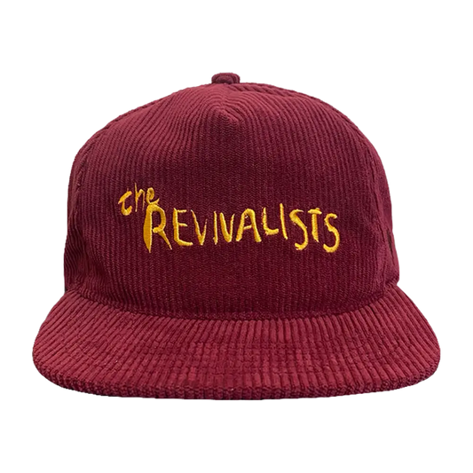 Burgundy corduroy baseball cap with ’the REVIVALISTS’ embroidered in yellow.